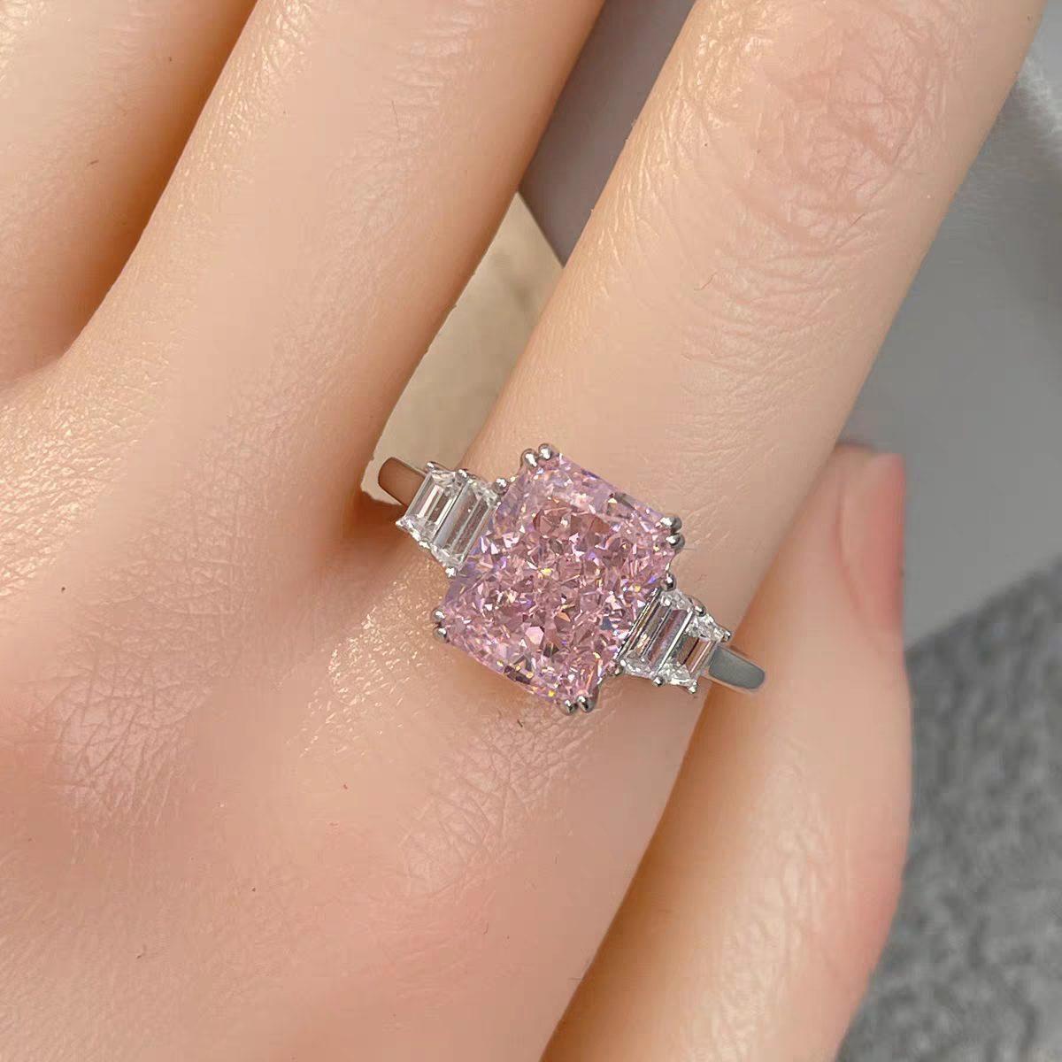 Radiant Pink Moissanite Dia Wedding Ring in Sterg Sier dh910320090
