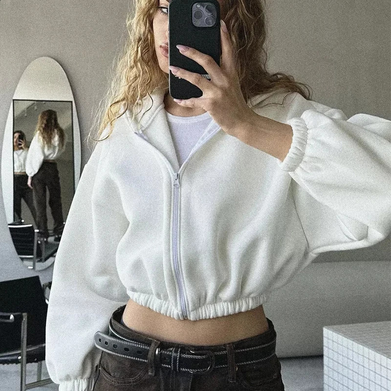 Fall Womens Fashion Zipper Hoodie Cropped Jacket Y2k Solid Color Short Cardigan Long Sleeve Loose Surcoat For Female Sweatshirt 240810