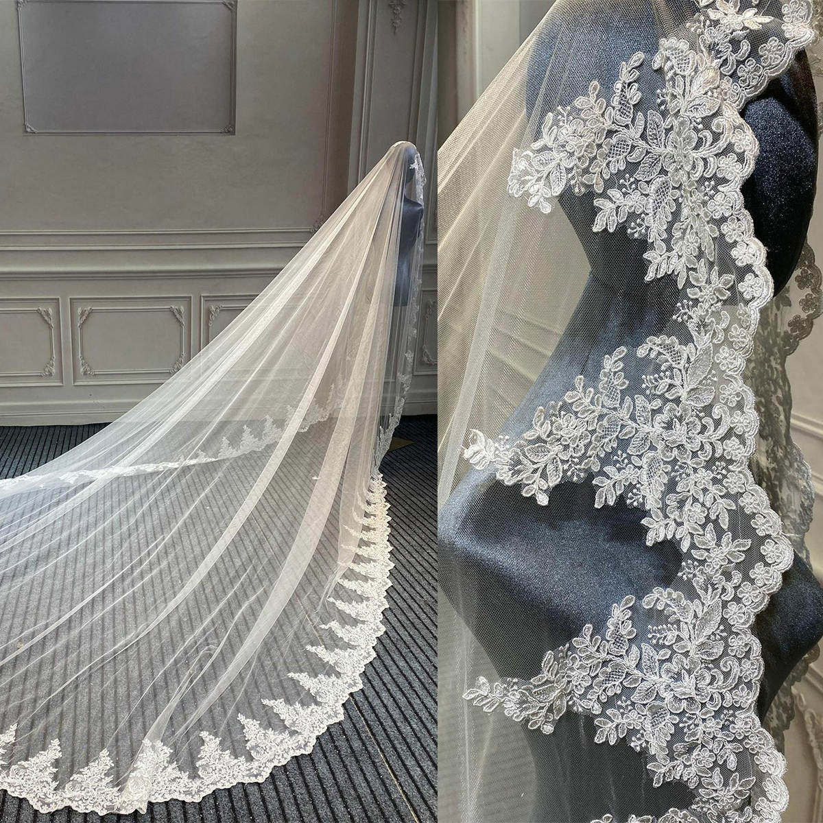 3M Long Veil Lace Appliqued Cathedral Length Wedding Veils Bridal Hair Accessory With Comb Custom Made