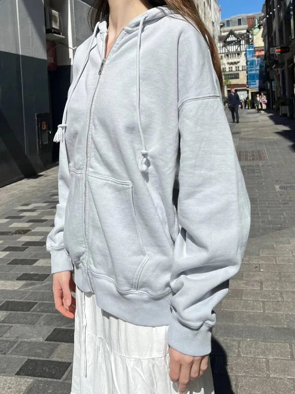 Blue Simple Oversized Hoodie Women Autumn Pocket Cotton Drawstring Hooded Sweatshirt Female Streetwear Solid Zip-up Sweatshirts 240812