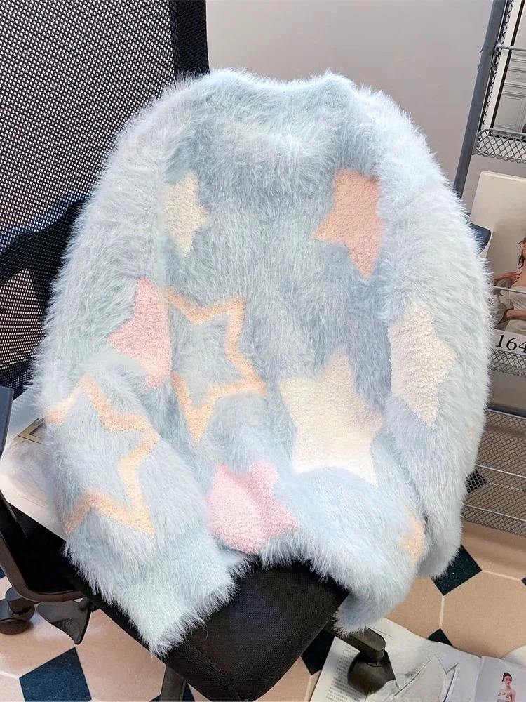 Lazy Style Sweaters Long Sleeve Star Print Contrast Color Casual Loose Pullovers Autumn Winter All Match Sweet Womens Clothing 240812