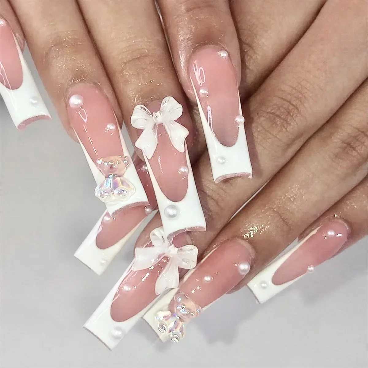 24 pieces of long ballet dancer fake nails pressed on nails snake shaped flowers and rhinestone French fake nails wearable white nail tips W240810