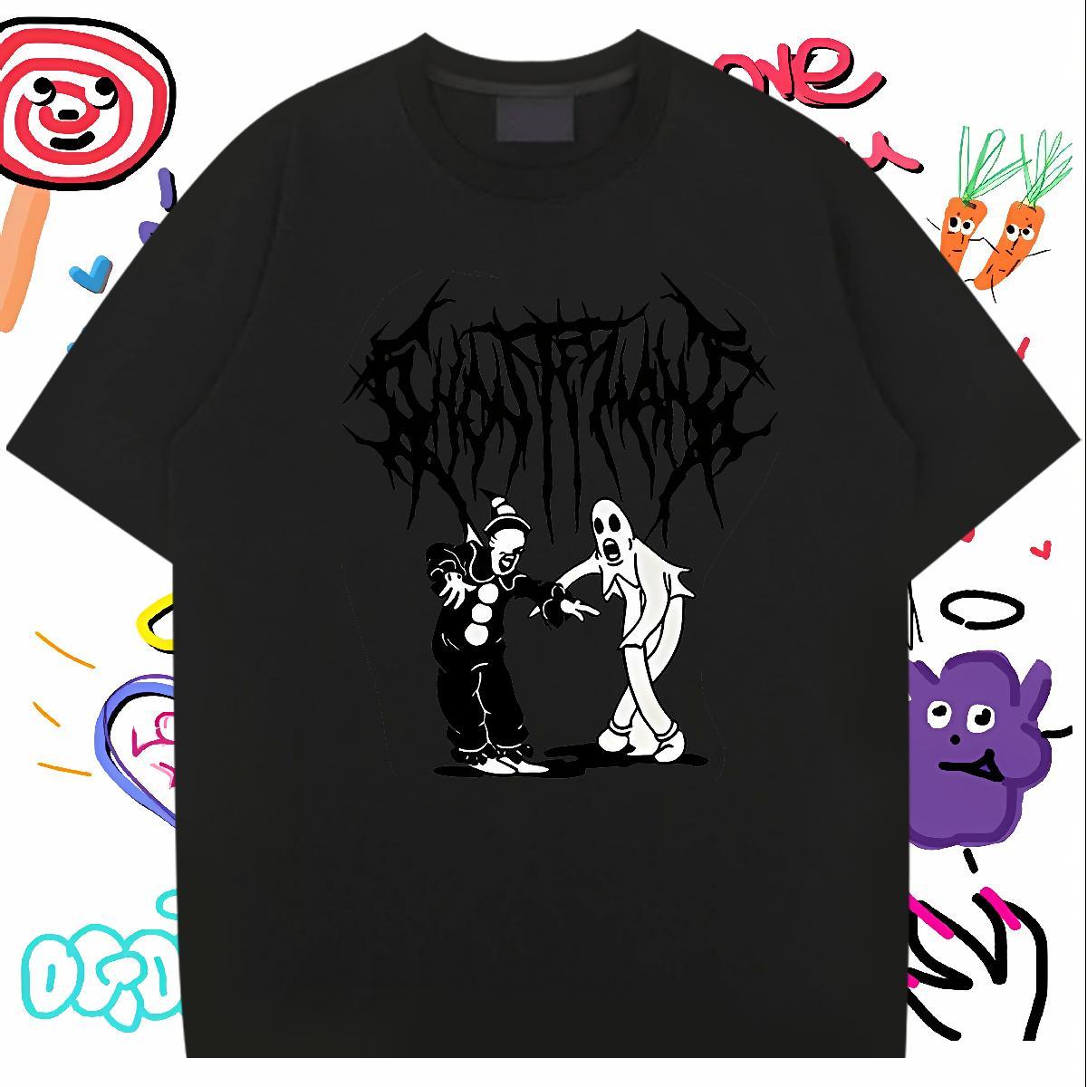 Stylist T Shirt For Man skull Tees 230g 100% Cotton Hip Hop Street Popular Anime Print Breathable Crew Neck Men Tees