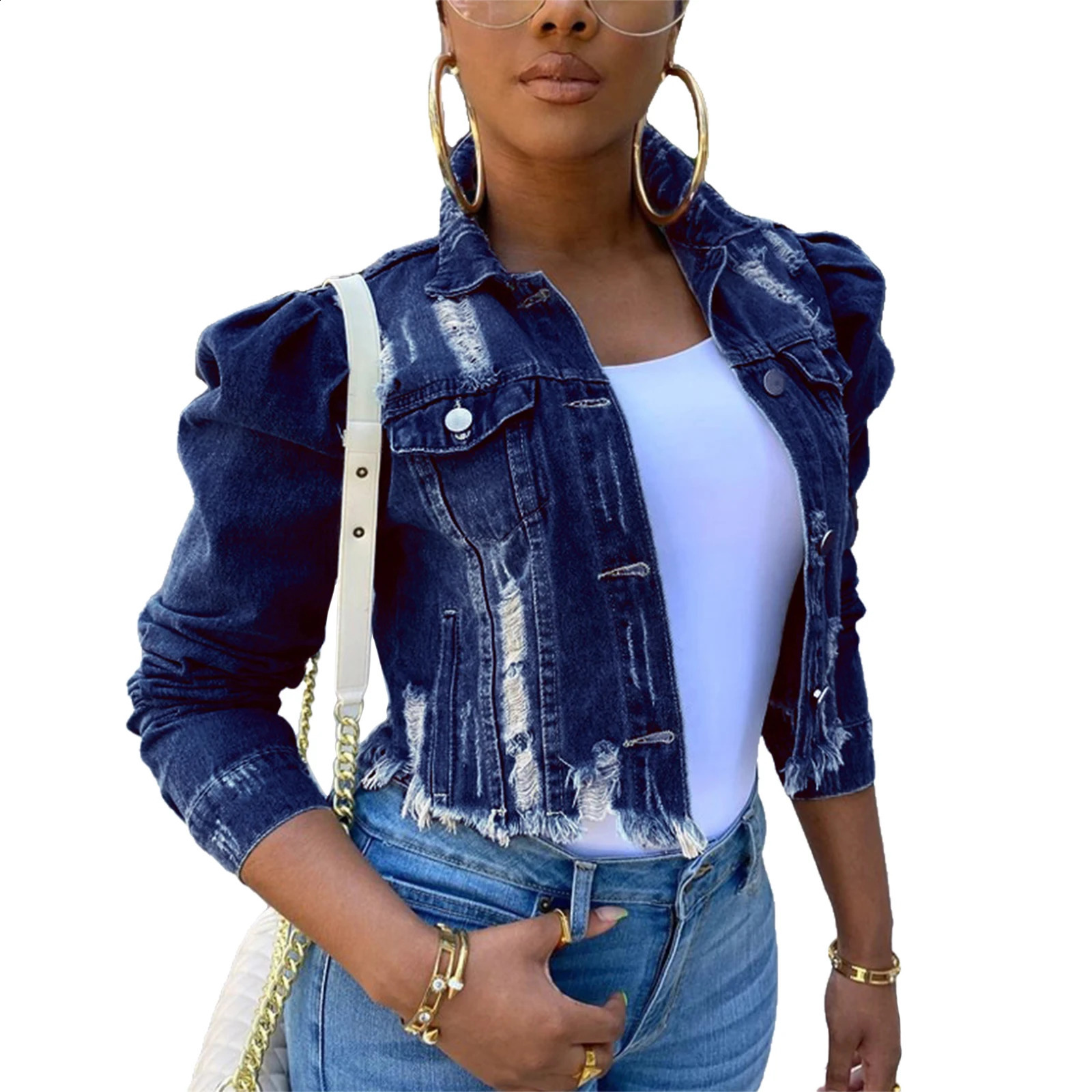 Y2k Womens Ripped Denim Jacket Casual Long Puff Sleeve Button Down Cropped Jean Coats for Fall 240812 - view 4