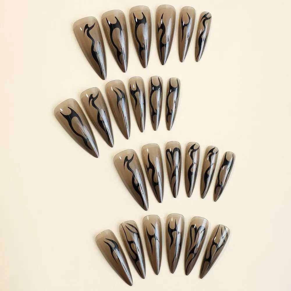 24 pieces of long thin high-heeled French fake nails mechanical silver black vine fake nails full cover press DIY detachable nails W240810