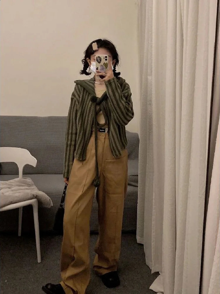 Spring Autumn Korean Hooded Loose Harajuku Sweaters Women Striped Zipper Cardigan Knitted Fashion Gothic Y2k Tops Jumper 240812