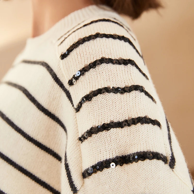 BC-200 Striped Sequined Batwing Sleeved Loose 2/26NM 7GG 100% Merino Wool Clothes Knit woolen Tops For Womens Sweaters 240812