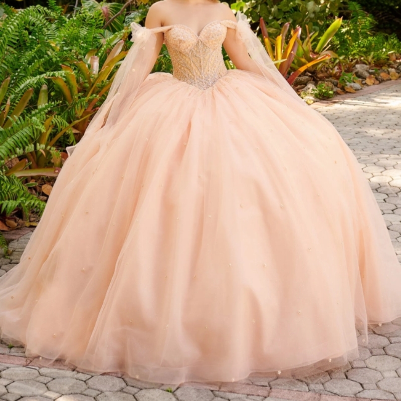Champagne Quinceanera Dress Off The Shoulder Mexican Vestidos De 15 Beads Pearls Tull Princess Sweet 16 Birthday XV Ball Gown