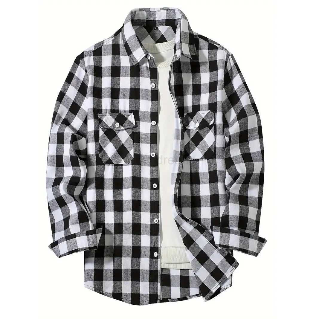 Mens Shirts Button-Up Classic Plaid Smart Casual Flannel Shirt Long Sleeved Chest Two Pockets Design Spring Autumn Men TopsXJ240812