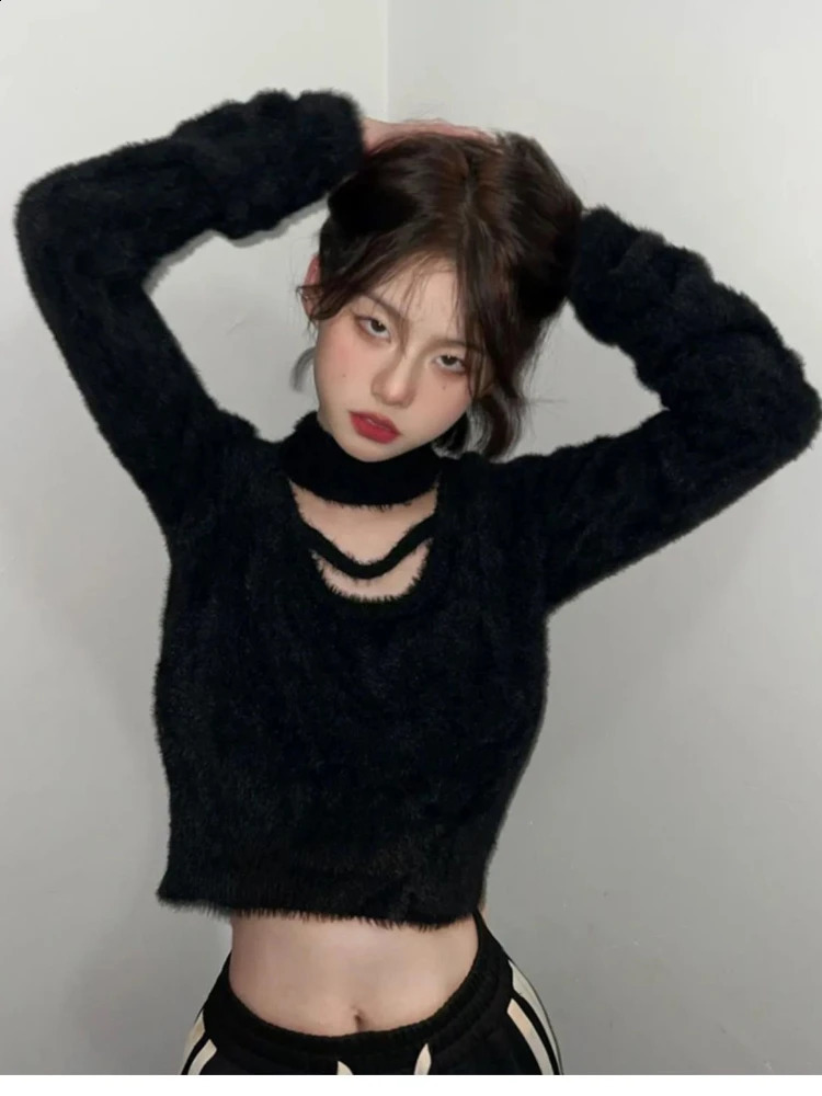 HOUZHOU Black Sexy Sweater Women High Street Hollow Out Cropp Tops Slim Chic Knitted Pullover Korean Fashion Long Sleeve Sweater 240812