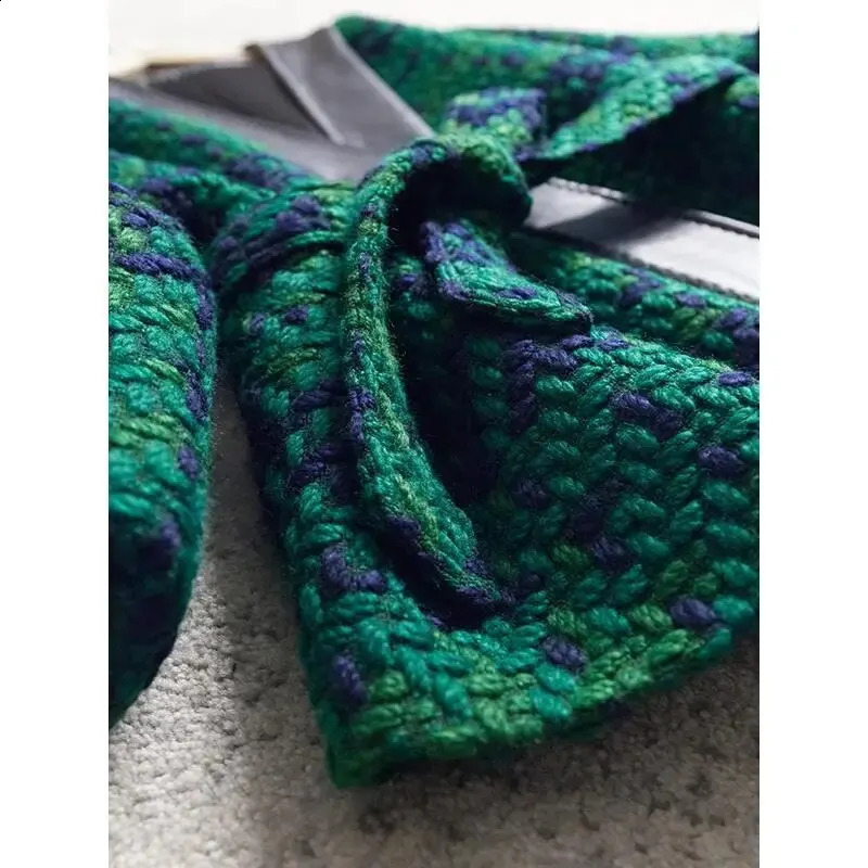 Casual Loose Green Tweed Blazer French Women Autumn Coats Sashes Long Sleeve Slim Pu Leather V- Neck Mid-length Vest Jackets 240812
