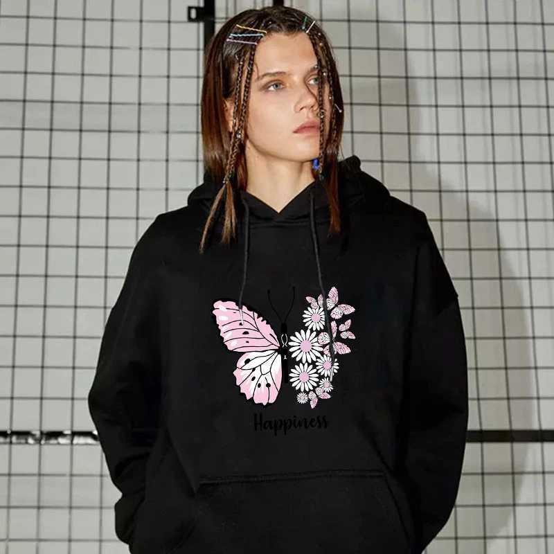 Mens and Womens Unisex Butterfly Print Pullover Casual Hooded Pocket Sweatshirt Black XS-4XLXJ240812