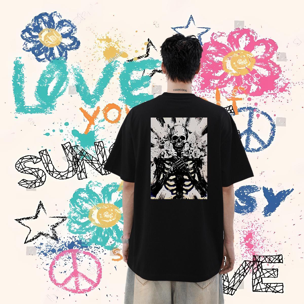Fashion Mens T Shirts skull Tshirts 100% Cotton 230g Daily Outfit Loose Customized Pure Cotton Couples T Shirts