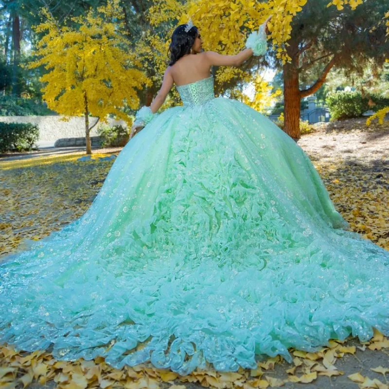 Mint Green Shiny Quinceanera Dresses Off The Shoulder Beads Crystal Tull Tiered Princess Sweet 16 Dress vestidos de 15 anos