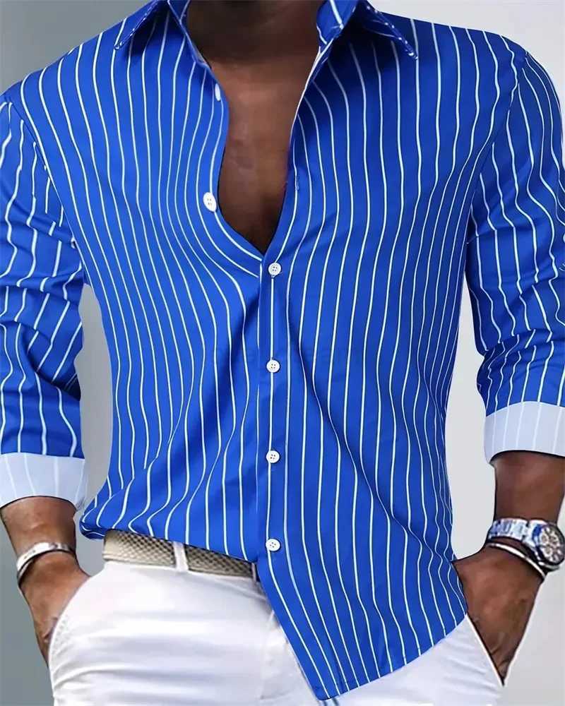 Mens Fashion Loose Striped Pattern Shirt Casual Breathable Lapel Button Long Sleeve Shirt Top Comfortable Soft Fabric XS-6XLXJ240812