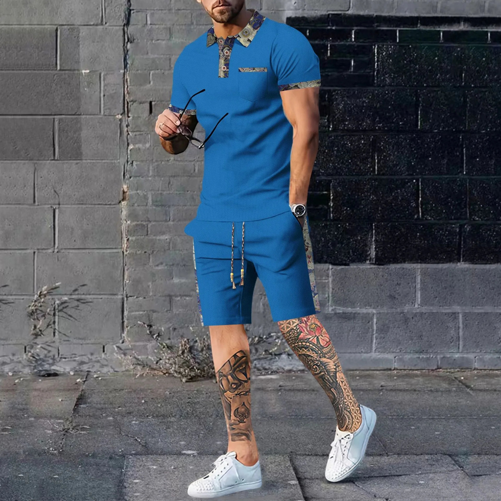 Mens latest summer two-piece pocket T-shirt top and patchwork bear shorts are selling worldwide 240812