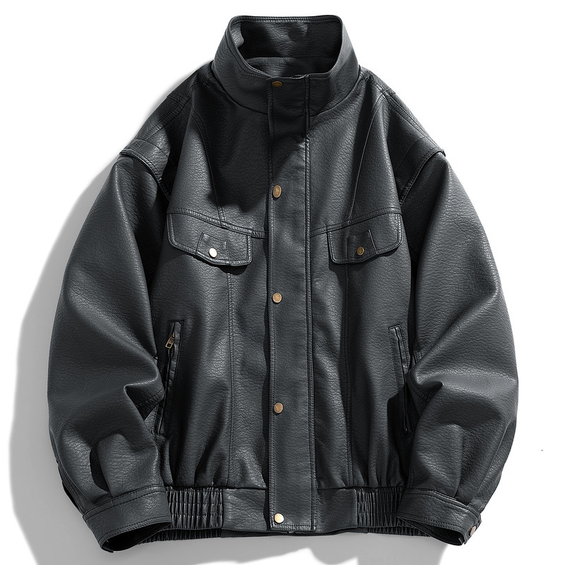 Clothing Mens Lychee Patterned Motorcycle Leather Jacket Mens Loose Korean Version Plus Size Stand Up Collar Jacket Trendy and Thick Jacket