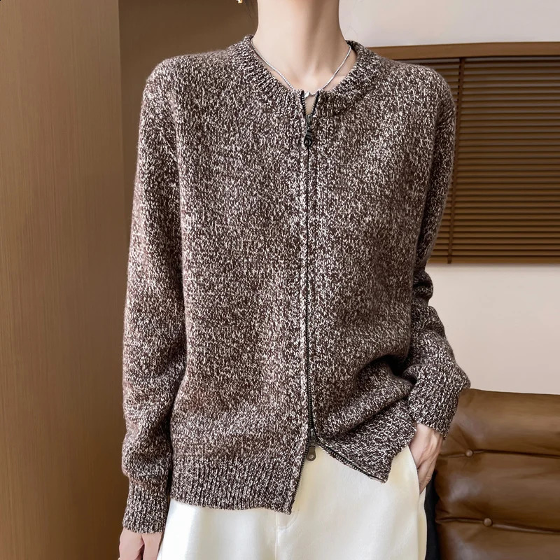 Round Neck Cardigan Womens Cashmere Knitted Jacket With Zipper Loose Long Sleeves Autumn Winter Versatile Warm CommutingTop 240812