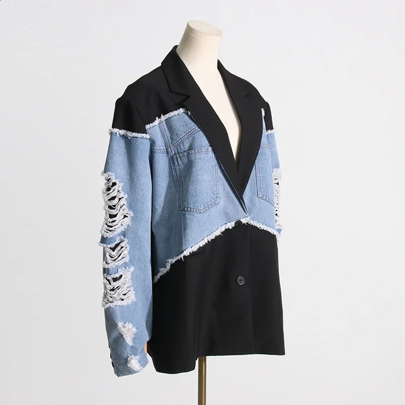 Patchwork Two Color Deinm Coat Checked Tweed Trending For Wholesale Boutique Style Women Cloth Long Sleeve Wear Jacket 240812