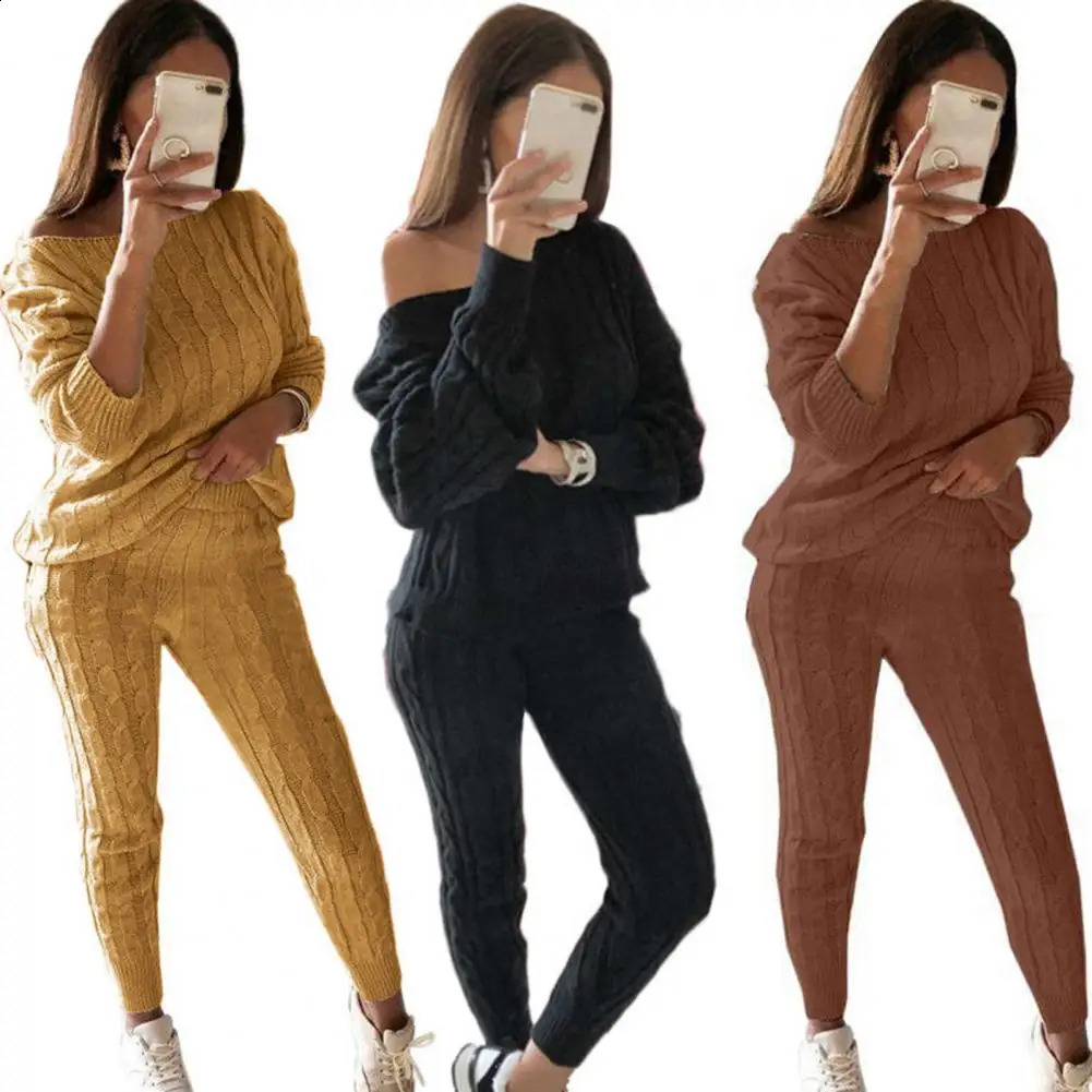 Autumn Winter Women Knitted Tracksuit Two Piece Set Women Sweater Tops Elastic Waist Pant Knitted Suit Women Two Piece Outfits 240812