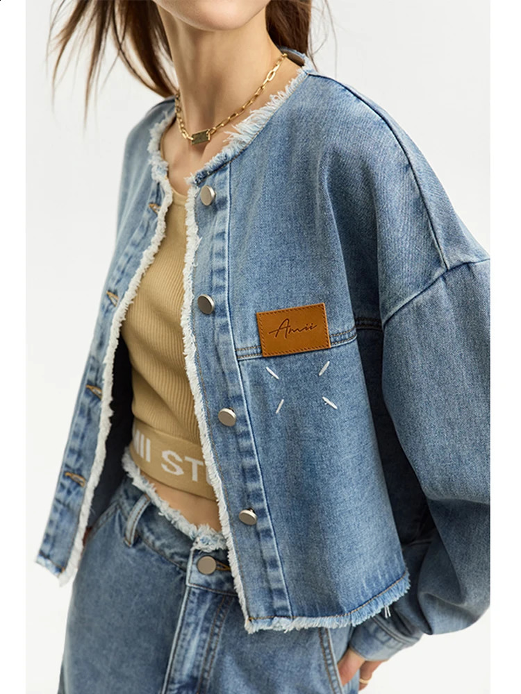 AMII Minimalist Denim Womens Dress Set Autumn Crew Collar Loose Coat Straight Leather Two Piece 12343096 240810