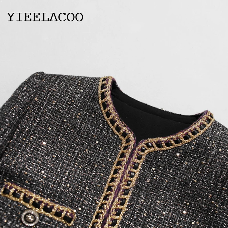 Brown Tweed Outerwear Spring /Autumn / Winter Coat Temperament One Piece Round Neck Casual Womens Jacket 240812
