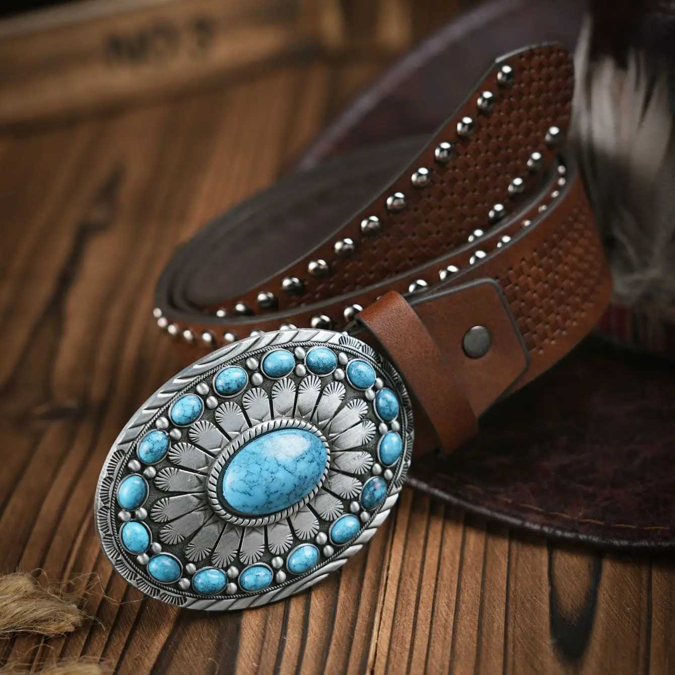 Belts Western style denim PU belt - mens belt with cow decoration floral jeans Y240810QYTH