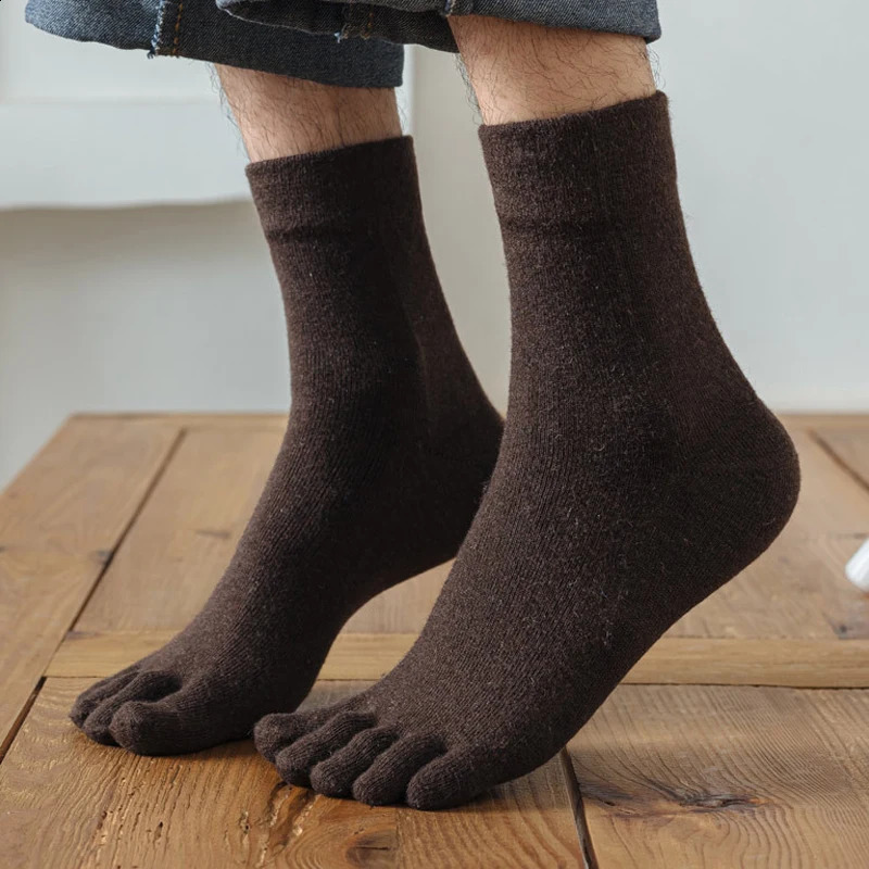 5 Pairs Wool Toe Short Socks Winter Man Solid Soft Elastic Endurable Business Sweat-Absorbing Thick Thermal Warm 5 Finger Socks 240812