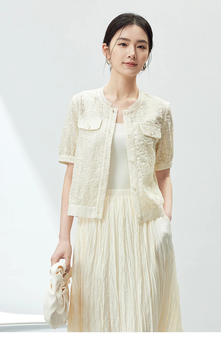 Sentubila Elegant Tweed Single Breasted Cropped Coat Woman Summer Light Apricot Round Neck Short Sleeve Top 142W54251 240812