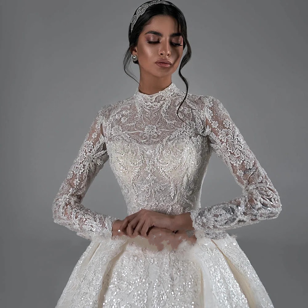 A-e Women Wedding High Neck Long Sleeves Bridal Gowns Lace Appliques Detachable Train Dress Custom Made vestidos de novia