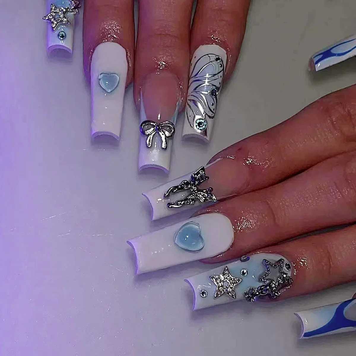 24 pieces of fully covered fake nails with glue rectangular coffin fake nails French detachable ballet troupe love patterns nail design press W240810