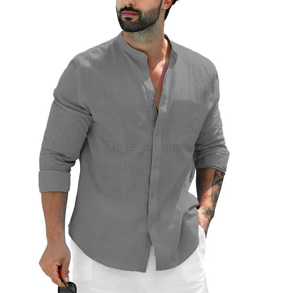 Mens Beach Shirts Casual Long Sleeve Summer Shirt Men Slim Fit Single Breasted Tops Male Stand Collar Cotton LinenXJ240812