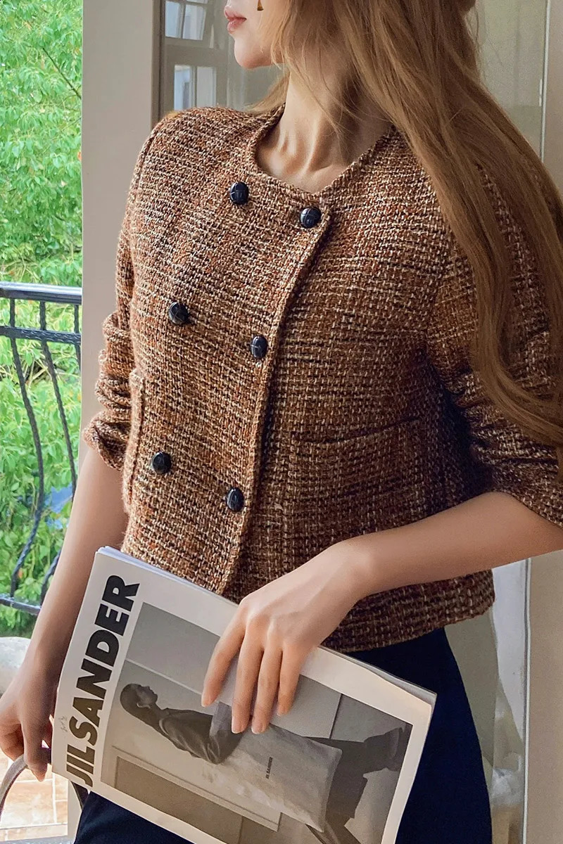 Dabuwawa Double Breasted Tweed Coat Vintage Women Collection O Neck Jacket Light Weight Fancy Suiting DM1COT019 240812