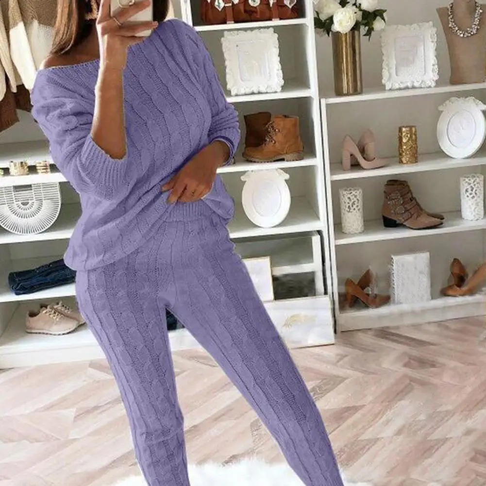 Autumn Winter Women Knitted Tracksuit Two Piece Set Women Sweater Tops Elastic Waist Pant Knitted Suit Women Two Piece Outfits 240812