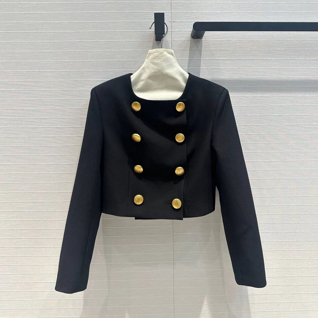 autumn fashion gold button short n jacket womens Oneck long sleeved elegant and chic slim fit 240808