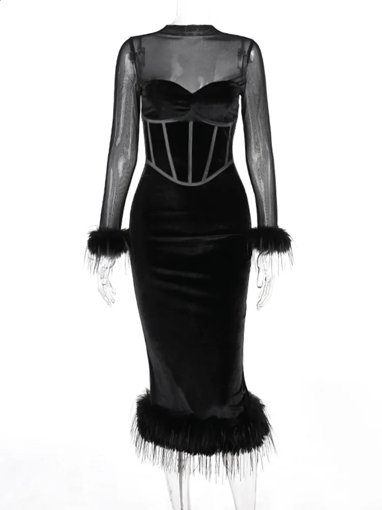 Long Dress With European And American Style Fashionable Fur Waist And Mesh Splicing Korean Velvet Dress For Women YL23648PF 240812