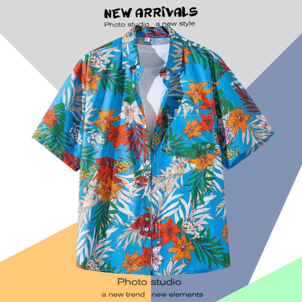 Mens Hawaiian Shirt Lapel Button Fashion Printing Short Sleeve Flower Shirt Retro Hong Kong Summer Holiday Beach ShirtXJ240812