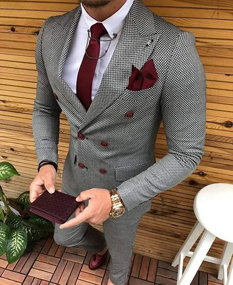 Mens Business Suits 2 Pieces Double Breasted Regular Fit Notch Lapel Plaid Wool Prom Tuxedos For Wedding BlazerPants 240812cj