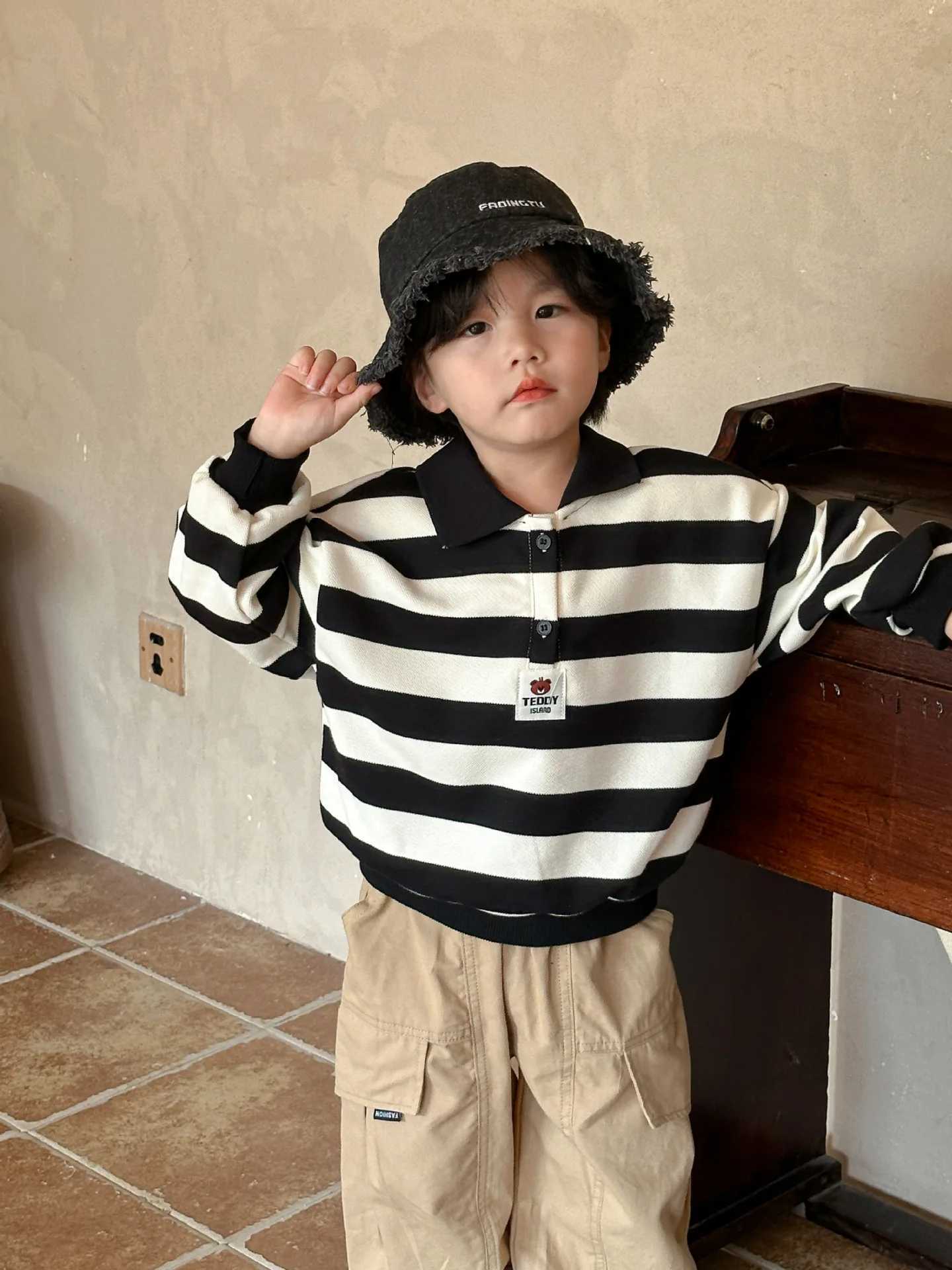 2024 Autumn Boy Girl Striped Long Sleeve Polo Shirt Fashion Children Cotton Sweatshirt Baby Casual Tops Comfort Kid Lapel HoodieXJ241225