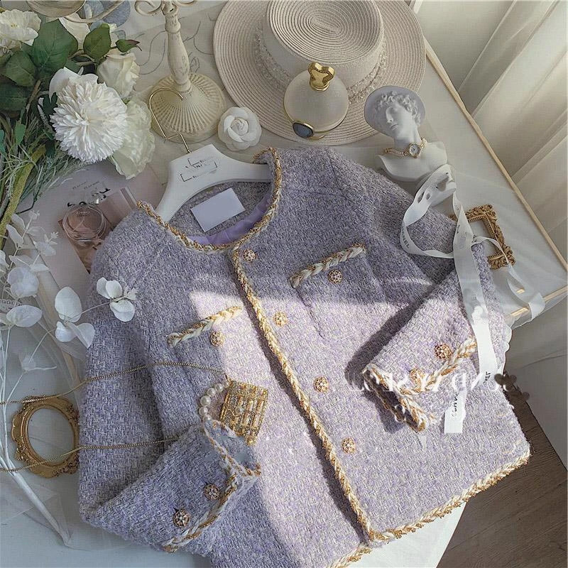 Small Fragrant Lavender Purple Tweed Short Coat Womens Autumn and Winter High Sense Coats Jacket Female Lady Cloth 240812