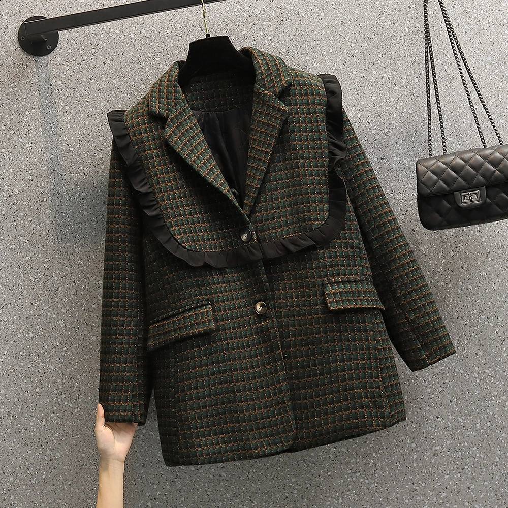 Winter Coat Women Woolen Cloth Plaid Blazer Vintage Oversized Green Checked Thicken Warm Ladies Tweed Jacket Female Wool Coats 240812