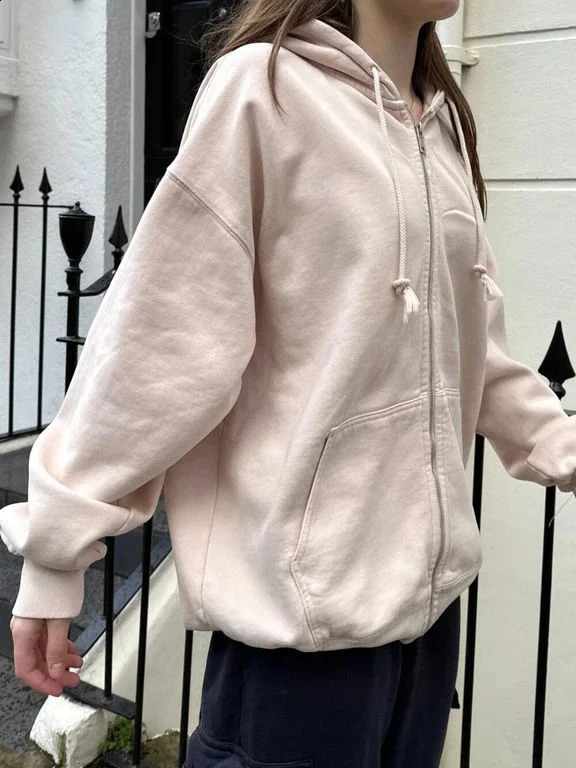Solid Simple Cotton Loose Hoodie Autumn Long Sleeve Pocket Drawstring Hooded Sweatshirt Women Streetwear Sweet Oversized Tops 240812