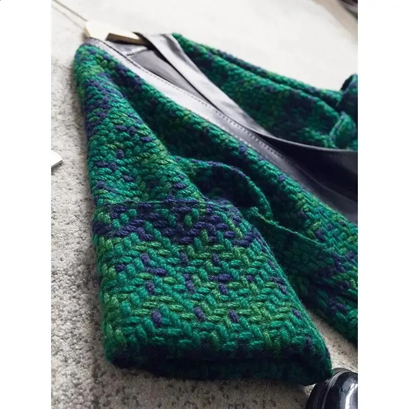 Casual Loose Green Tweed Blazer French Women Autumn Coats Sashes Long Sleeve Slim Pu Leather V- Neck Mid-length Vest Jackets 240812