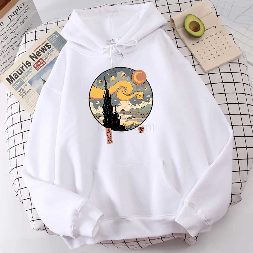 Starry Ukiyo-E Night Printing Hoodie Men Fashion Comfortable Hoody Autumn Fleece Sweatshirt Casual Warm Pullover TopsXJ240812