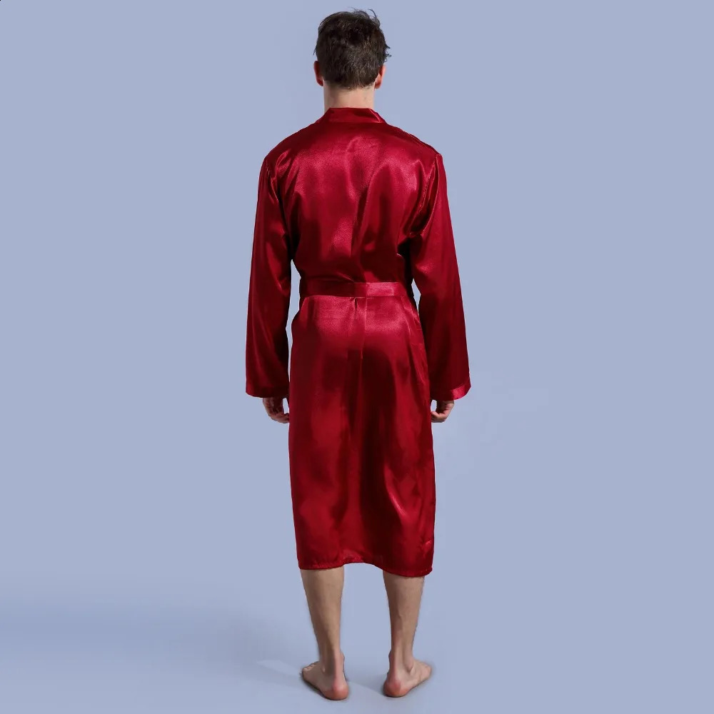 Burgundy Size S - XXL Chinese Mens Rayon Satin Casual Nightwear Robe Gown Solid Color Kimono Bathrobe Sleepwear Pajamas 240812