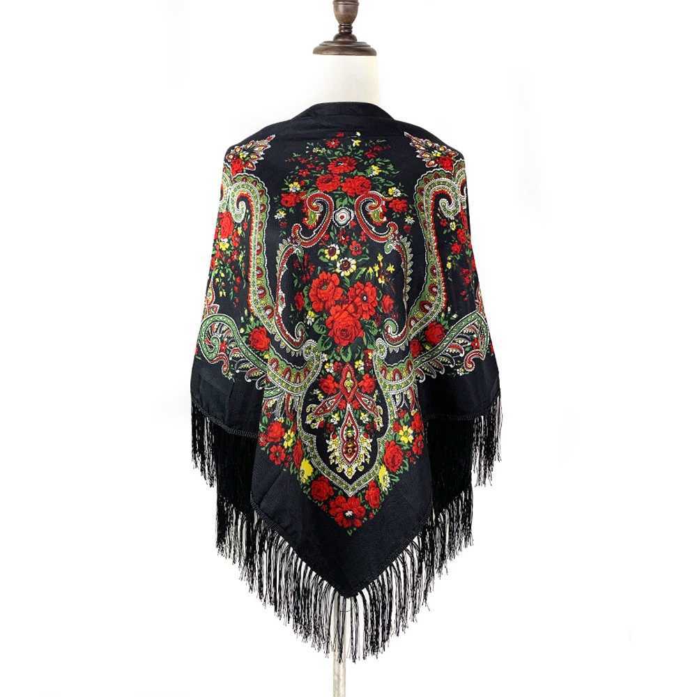 135 * 135cm Womens Square Scarf Babushka Headscarf Shawl Retro Flower Pattern National Scarf W240810