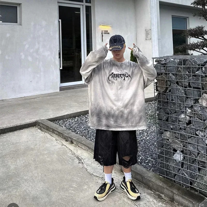 PROJECT G/R Limited Embroidery Retro Wash Old Silhouette Long Sleeve T-shirt Grey Apricot SML 240812