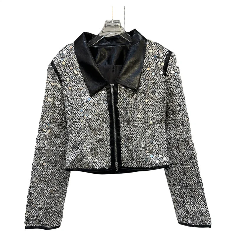 Autumn Coat Classic Style Leather Patchwork Collar Bright Piece Tweed Elegant Socialite Short Coat Jacket for Women 240812