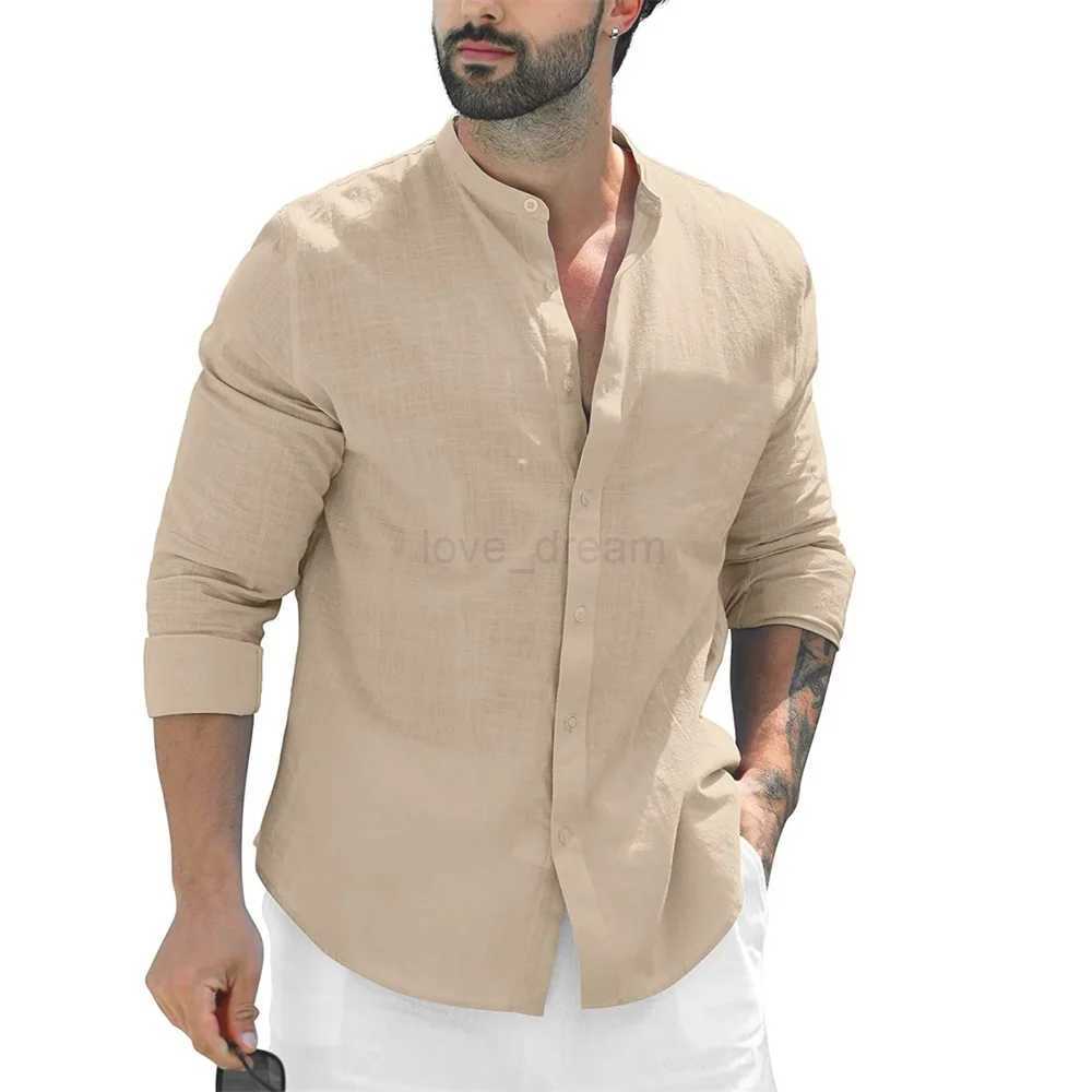 Mens Beach Shirts Casual Long Sleeve Summer Shirt Men Slim Fit Single Breasted Tops Male Stand Collar Cotton LinenXJ240812