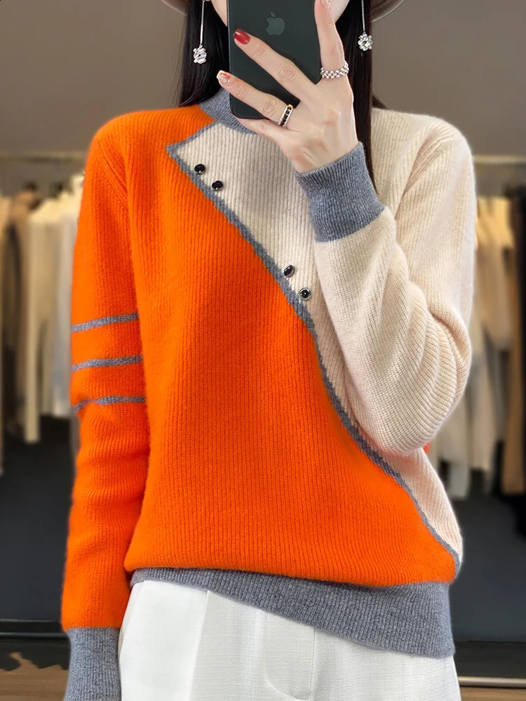 Autumn Winter 100% Wool Knitted Pullover Women O-Neck Color Match Sweater Long Sleeve Shirt Fashion Loose Warm Thick Tops 240812